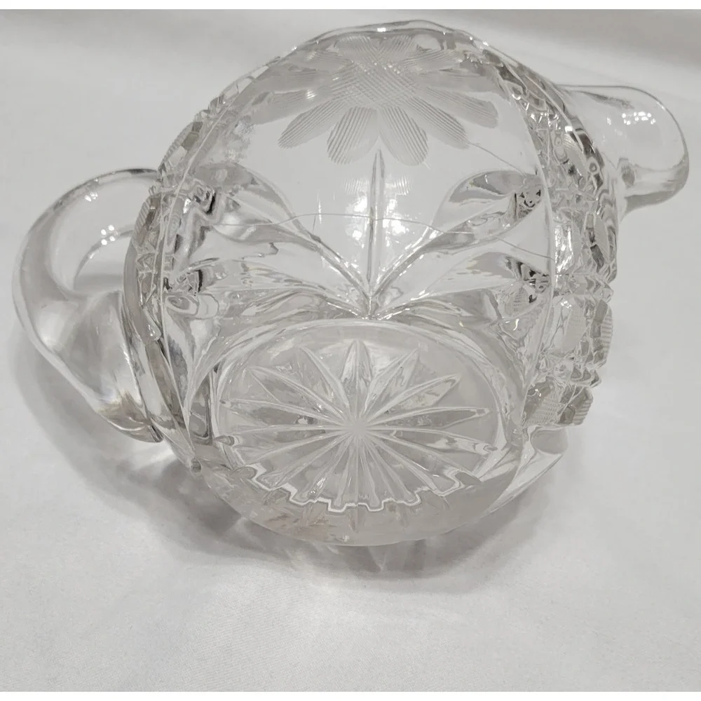 Clear Pressed Glass Floral Pattern Creamer with Handle, Decorative Round